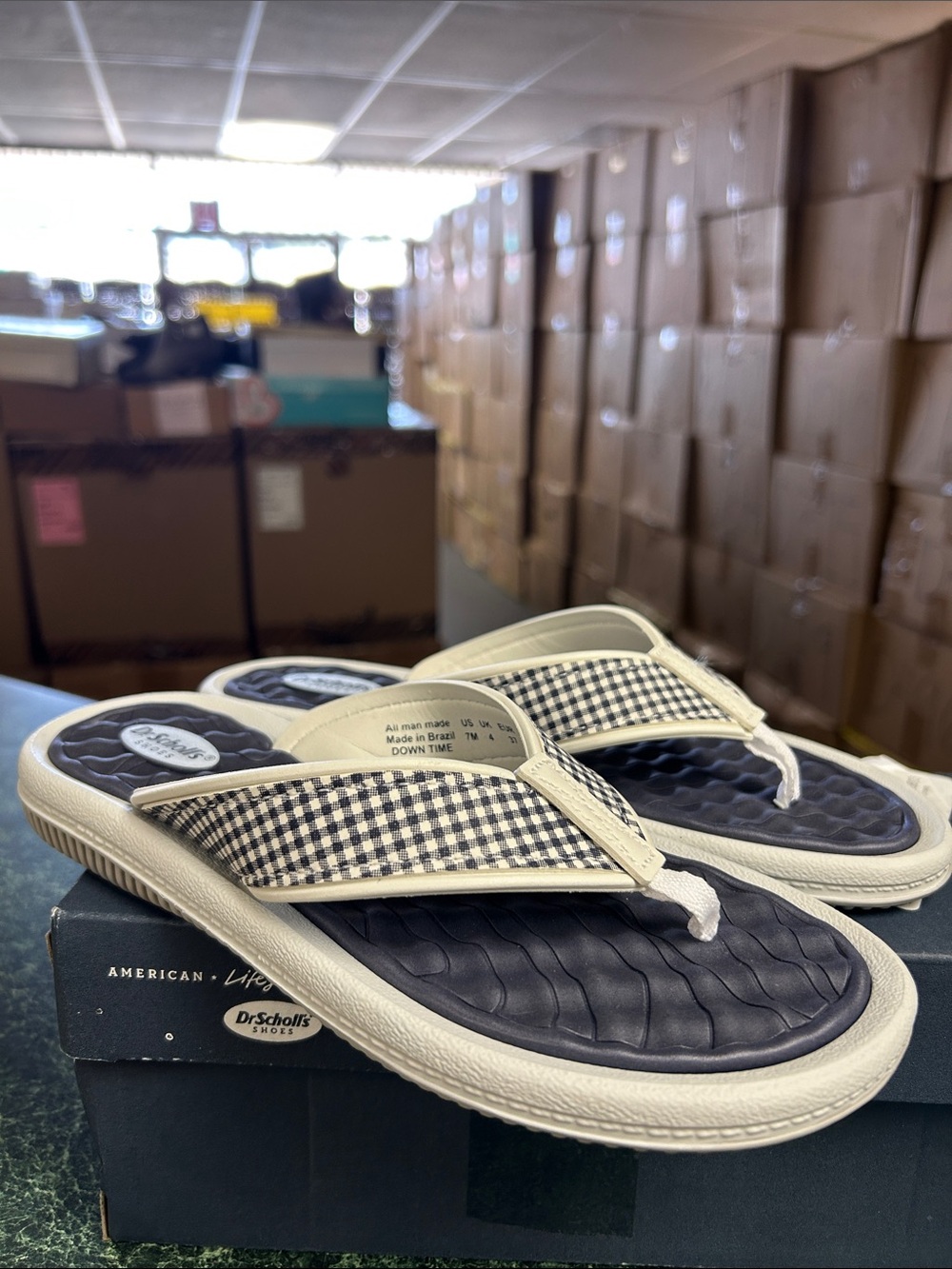 Dr. Scholl's Navy and White Gingham Cushioned Flip Flops